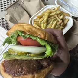 1/4 lb Burger with Avocado, (onions and pickles added) Garlic Fries