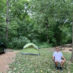 Carver Campground Lake Auburn - My campsite and tent set up on the fluffy grass.