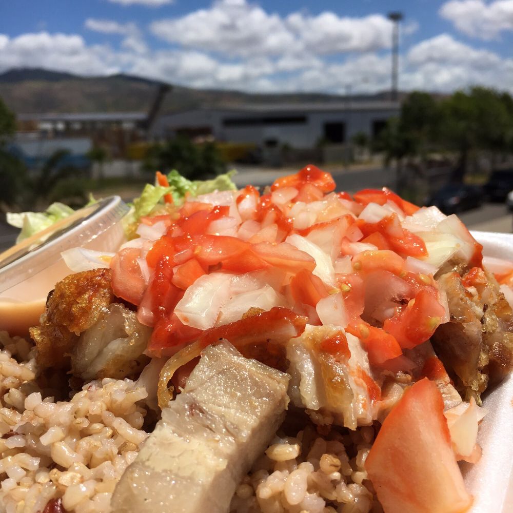 Lanie's Lunchwagon - Lechon Kawali w/ Tomatoes & Onions, Brown Rice and Tossed Salad. Naimas x10!!! - Food Trucks Near Me - Kapolei, Hawaii Lanie's Lunchwagon - Lechon Kawali w/ Tomatoes & Onions, Brown Rice and Tossed Salad. Naimas x10!!! - Food Trucks Near Me - Kapolei, Hawaii