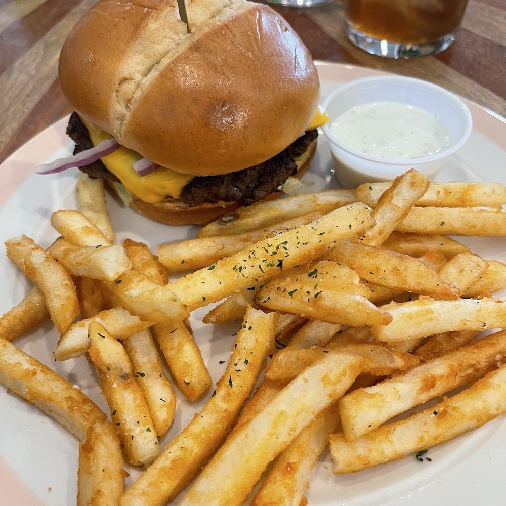 Laundry Burger, fries, and house made ranch. Laundry Burger, fries, and house made ranch.