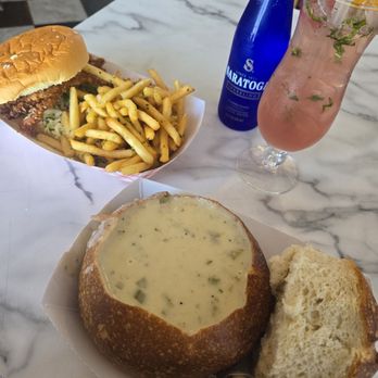 Frankie's Crab Stand - Garlic clam chowder, Soft shell Crabwich with garlic fries, and Blueberry lavender mojito - Seafood Near Me - San Francisco, California Frankie's Crab Stand - Garlic clam chowder, Soft shell Crabwich with garlic fries, and Blueberry lavender mojito - Seafood Near Me - San Francisco, California