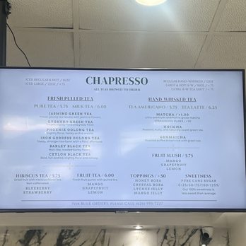 Chapresso - Menu - Bubble Tea Near Me - San Marino, California