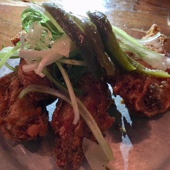 Paper Plane - Crack Wings (Sweet Potato Shochu Batter, Five Pepper + Salt, Butter, Pickled Jalapenos, Scallions, $11)- 3.5/5 stars - Cocktail Bars Near Me - San Jose, California Paper Plane - Crack Wings (Sweet Potato Shochu Batter, Five Pepper + Salt, Butter, Pickled Jalapenos, Scallions, $11)- 3.5/5 stars - Cocktail Bars Near Me - San Jose, California