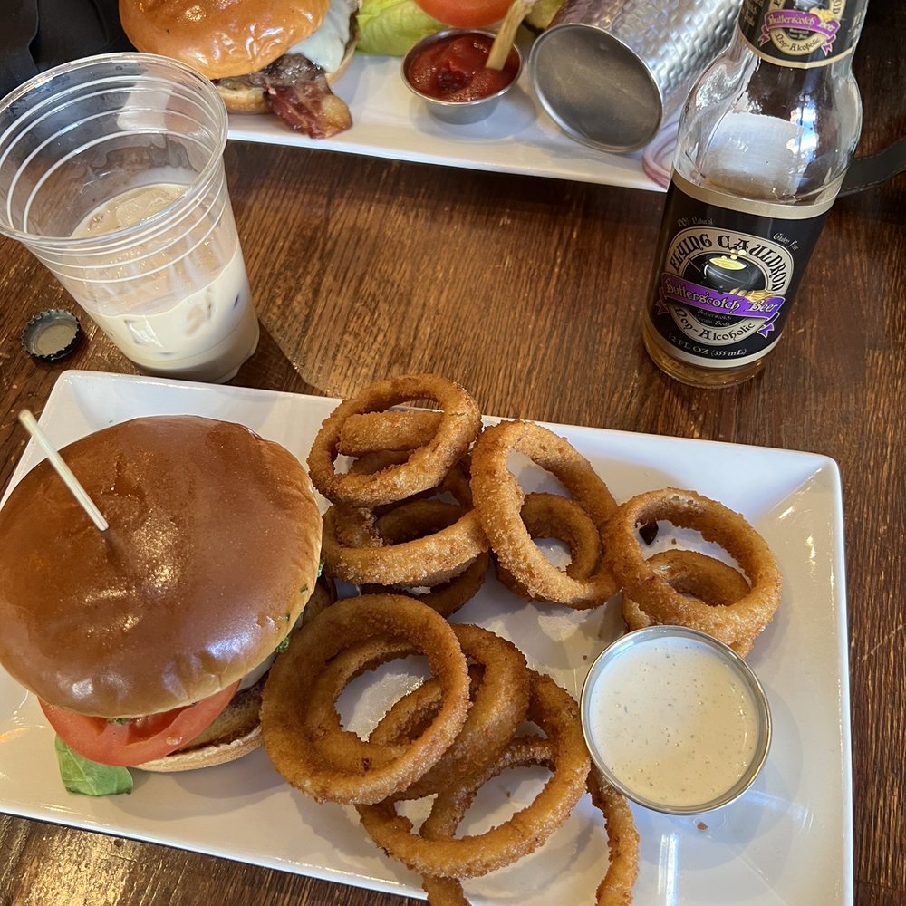 Raven Cafe - Lamb Burger Onion Rings (VEG, V) Seasoned Fries - Half Order and a custom bacon cheeseburger - Sandwiches Near Me - Prescott, Arizona Raven Cafe - Lamb Burger Onion Rings (VEG, V) Seasoned Fries - Half Order and a custom bacon cheeseburger - Sandwiches Near Me - Prescott, Arizona