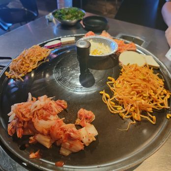 Honey Pig BBQ - Grill set up with the soybean sprouts, kimchi, sweet potato, tofu, & corn cheese for the dip - Korean Near Me - Irvine, California Honey Pig BBQ - Grill set up with the soybean sprouts, kimchi, sweet potato, tofu, & corn cheese for the dip - Korean Near Me - Irvine, California