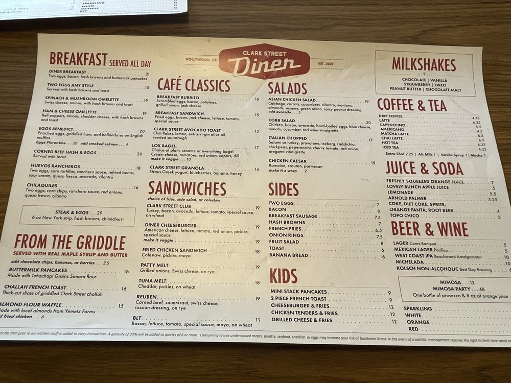 Clark Street Diner - May 2026 Menu - menu - Diners Near Me - Los Angeles, California Clark Street Diner - May 2026 Menu - menu - Diners Near Me - Los Angeles, California