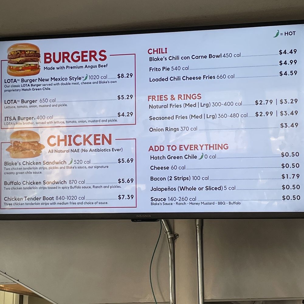Blake's Lotaburger - Menu with NO hot dog choice - Burgers Near Me - Carlsbad, New Mexico