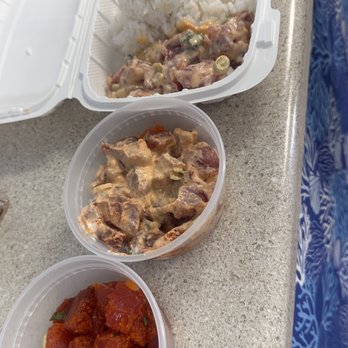 Fresh Catch - Fireball and Firecracker Ahi! Get if you like spicy. Food in the plate is different poke flavors. - Hawaiian Near Me - Honolulu, Hawaii Fresh Catch - Fireball and Firecracker Ahi! Get if you like spicy. Food in the plate is different poke flavors. - Hawaiian Near Me - Honolulu, Hawaii