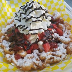 Funnel Cake Queen - Strawberry sundae with chocolate drizzle! YUM!