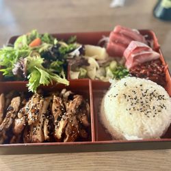 Sushi Q - All this for $20! Teriyaki Chicken, rice, salad, pickled sides, 5 pieces of Nigiri and miso soup. Can't beat it.