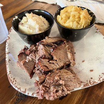 Sauced BBQ & Spirits - Smoked Brisket Plate with Mac-n-cheese and garlic mash potatoe. - Barbeque Near Me - Irvine, California Sauced BBQ & Spirits - Smoked Brisket Plate with Mac-n-cheese and garlic mash potatoe. - Barbeque Near Me - Irvine, California