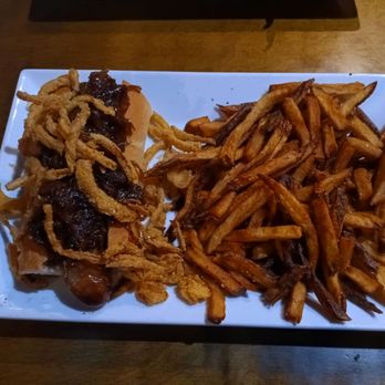 80/20 Burger Bar - The Banger - hold the mustard, add crispy onions. The darkness on the sausage is very caramelized onions. - American Near Me - Norfolk, Virginia