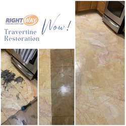 Rightway Stone and Carpet Care - This travertine tile was restored to its natural beauty by removing the coating that made it look dirty, dark, and dull.