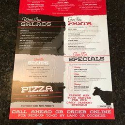 This is the dinner menu. The back side of menu has the burgers, appetizers, sandwiches, & baskets. Prices about $12. Huge value. This is the dinner menu. The back side of menu has the burgers, appetizers, sandwiches, & baskets. Prices about $12. Huge value.