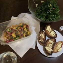 Downtown Pittsfield Farmers Market - Peach and tomato salad, kale salad with tasty strong, hard cheese and bread from Berkshire Mountain Bakery