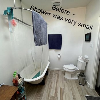 Go Home Builders - Before - the shower was very small and we didn't like the shower curtain enclosure. - General Contractors Near Me - Altadena, California Go Home Builders - Before - the shower was very small and we didn't like the shower curtain enclosure. - General Contractors Near Me - Altadena, California