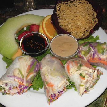 Eighteen O One - Chicken Rice Paper Wraps with fruit salad and noodles. - Cafes Near Me - Dallas, Texas Eighteen O One - Chicken Rice Paper Wraps with fruit salad and noodles. - Cafes Near Me - Dallas, Texas