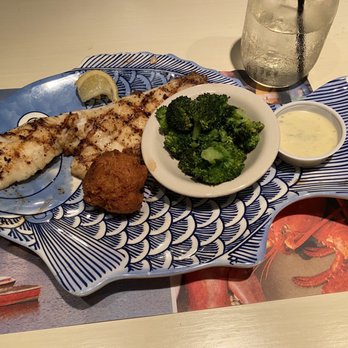 Aunt Catfish's - Lemon pepper cod fish, broccoli, hush puppy and tater sauce - Southern Near Me - Port Orange, Florida