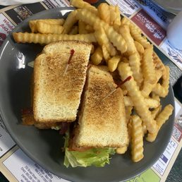 BLT with fries ! Lots of bacon , crisp lettuce and fresh tomato ! Classic . BLT with fries ! Lots of bacon , crisp lettuce and fresh tomato ! Classic .