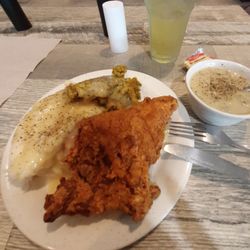 Fried Chicken, Mashed Potatoes and Gravy with Stuffing. Also had a cup of Chicken and Wild Rice soup