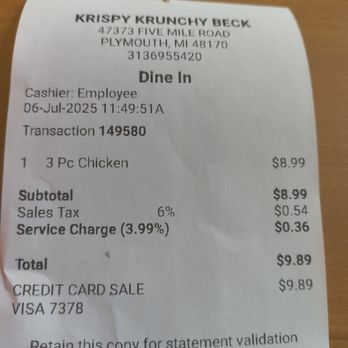 Krispy Krunchy Chicken - ~4% SERVICE CHARGE NOW IN EFFECT FOR CREDIT CARD PURCHASES! - Fast Food Near Me - Plymouth, Michigan Krispy Krunchy Chicken - ~4% SERVICE CHARGE NOW IN EFFECT FOR CREDIT CARD PURCHASES! - Fast Food Near Me - Plymouth, Michigan