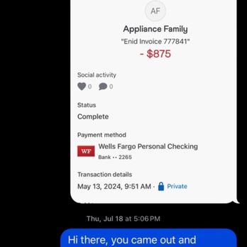The Appliance Family - Proof of payment and time frames for service - Appliances & Repair Near Me - Austin, Texas