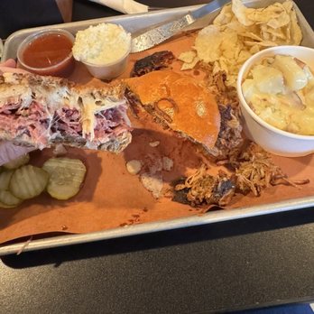 Bollinger's Restaurant - Pulled pork and Reuben, pickles, potato salad, coleslaw and chips. - American Near Me - Thurmont, Maryland
