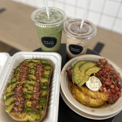 Blk Dot Coffee - LVT Matcha and Spanish Latte with Hot Honey Avocado Toast and Ultimate brekkie Bowl IG: @mags.foodie