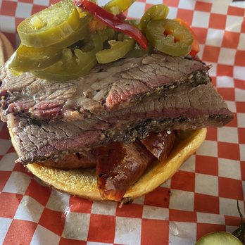 Roegels Barbecue Katy - The Texas 2 step sandwich. Brisket and sausage. I added the jalapeño relish. Awesome! - Barbeque Near Me - Katy, Texas Roegels Barbecue Katy - The Texas 2 step sandwich. Brisket and sausage. I added the jalapeño relish. Awesome! - Barbeque Near Me - Katy, Texas