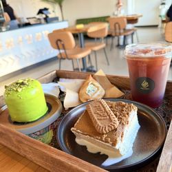 Mar7aba Cafe & Sweets - Biscoff Tres Leches Cake, Pistachio Cake, Pomegranate Refresher with 2 shots espresso (baristas creation not on menu)