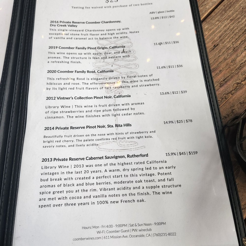 Coomber Craft Wines - Menu - Wine Tasting Room Near Me - Oceanside, California Coomber Craft Wines - Menu - Wine Tasting Room Near Me - Oceanside, California