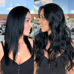 Before and after hair extensions at Gloss Salon & Studio in Orange County. Seamless blend and volume.