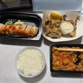 Basa Seafood Express - 212. Pink Salmon Roll, Spicy 1. Poke Special Combo, fried Squid tentacles, white rice. - Seafood Near Me - San Francisco, California