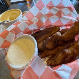 Extremely greasy fried pickles. Extremely greasy fried pickles.