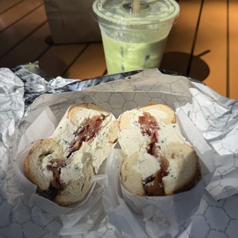 Sesame - strawberry matcha + everything bagel w scallion cream cheese and bacon - Coffee & Tea Near Me - Tampa, Florida Sesame - strawberry matcha + everything bagel w scallion cream cheese and bacon - Coffee & Tea Near Me - Tampa, Florida