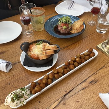 Firefly - BIGEYE TUNA TARTARE (top right), MEATBALLS (middle left), and CRISPY MANZANILLA OLIVES (bottom) - New American Near Me - Studio City, California