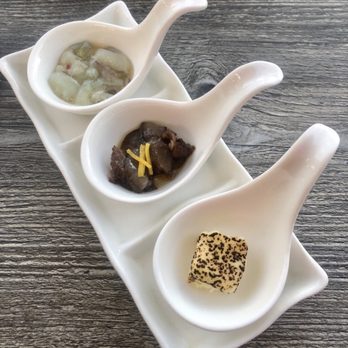 Leichi - From the left: octopus wasabi (takowasa,) sea cucumber with yuzu citrus zest (chewy,) and cream cheese miso blend (aged 3months) - Japanese Near Me - Santa Clara, California