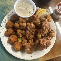 Fried Popcorn Shrimp, Alligator, Hushpuppies, fried okra