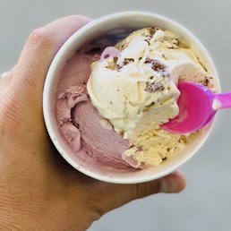 a hand holding a bowl of ice cream
