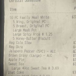 Church's Chicken - Receipt shows I paid for breast & wings & apple pie.