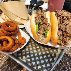 Stewart's Drive-In - Cheese Steak (Cali Style - tomato, lettuce, onion, pickles, and mayo) with Onion Rings