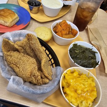 Gritz Cafe - Trinity plate. Fried catfish,  with green, yams, mac and cheese, and cornbread muffin. - Soul Food Near Me - Las Vegas, Nevada