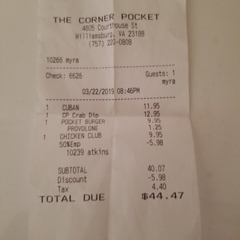 The Corner Pocket - Receipt - American Near Me - Williamsburg, Virginia