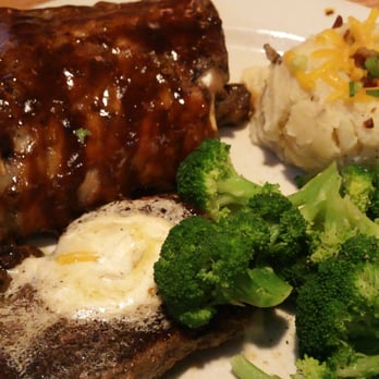 Chili's - Dr. Pepper Ribs, sirloin steak, loaded mashed potatoes, and broccoli. - Bars Near Me - Dallas, Texas