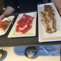 Veggie kabob , rib eye and galbi ! Veggie kabob , rib eye and galbi !