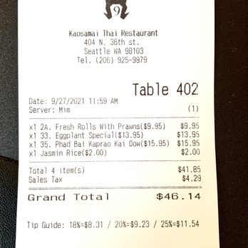 Kaosamai Thai Restaurant - Receipt - Thai Near Me - Seattle, Washington Kaosamai Thai Restaurant - Receipt - Thai Near Me - Seattle, Washington