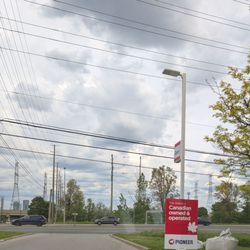Pioneer - Leaving the gas station to turn right onto Highway 7. Pioneer is Canadian-owned and operated.