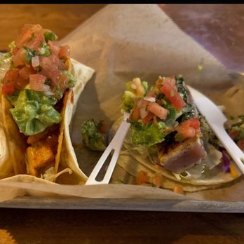 Garaje - Cómo se llama taco with chicken on the left; seared tuna taco on the right - Mexican Near Me - San Francisco, California Garaje - Cómo se llama taco with chicken on the left; seared tuna taco on the right - Mexican Near Me - San Francisco, California