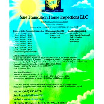 Sure Foundation - Pricing The Happy Home Inspector
405-430-8971 - Home Inspectors Near Me - Del City, Oklahoma Sure Foundation - Pricing The Happy Home Inspector
405-430-8971 - Home Inspectors Near Me - Del City, Oklahoma