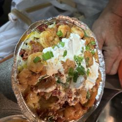 Chef Cassy’s Kitchen - Shrimp Alfredo on top of the fully loaded, baked potato